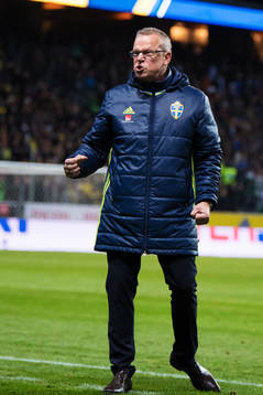 Sveriges förbundskapten Janne Andersson jublar på