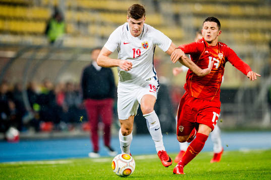 Alexander Sørloth of Norway and Enis Bardi of Macedonia