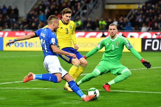 Italiens Ciro Immobile mot Sveriges målvakt Robin Olsen