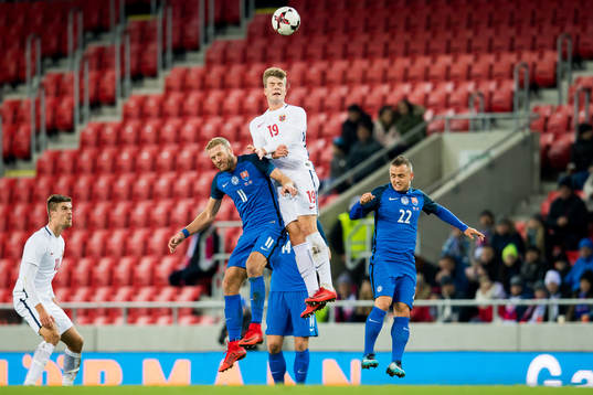 Adam Nemec of Slovakia and Alexander Sørloth of Norway