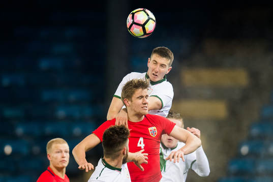 Kristoffer Ajer of Norway and Ryan Sweeney of Ireland