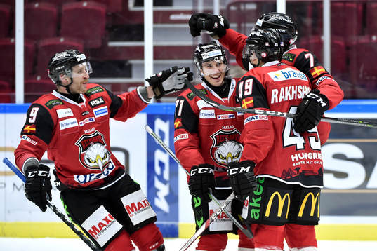 Malmö Redhawks Frederik Storm, Andy Miele, Rhett Rakhshani