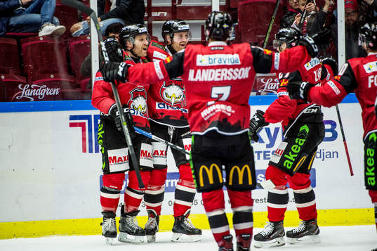 Malmö Redhawks Frederik Storm och Anton Mylläri jublar
