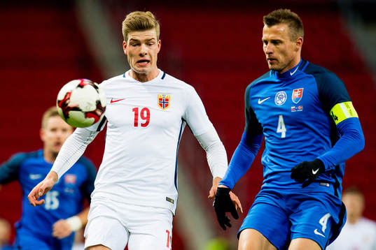 Alexander Sørloth of Norway and Jan Durica of Slovakia