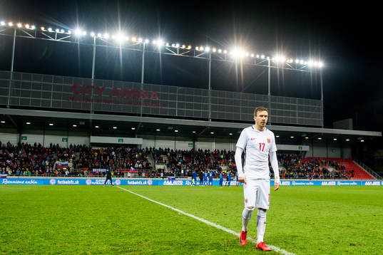 Martin Linnes of Norway walks off the pitch
