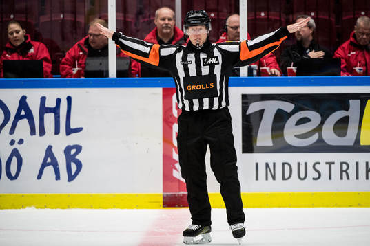 Domare Pehr Claesson dömmer bort ett mål för Brynäs