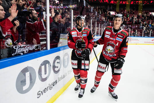 Malmö Redhawks Max Görtz och Fredrik Händemark jublar