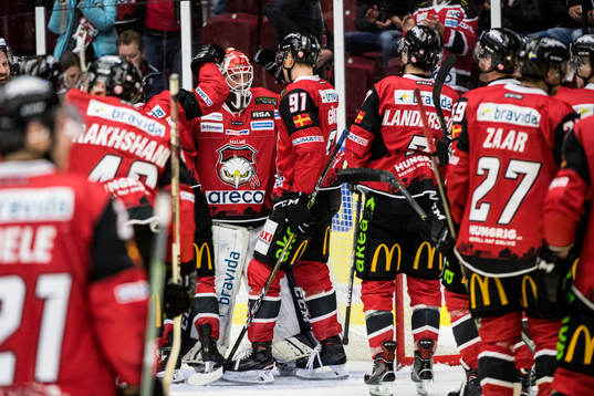 Malmö Redhawks spelare jublar med målvakt Jonas Gunnarsson
