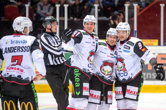Malmö Redhawks Nils Andersson, Max Görtz, Andy Miele och