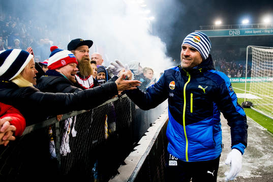 Tor Ole Skullerud, head coach of Strømsgodset, celebrates