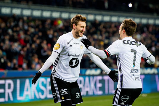 Nicklas Bendtner of Rosenborg celebrates scoring 1-0 with