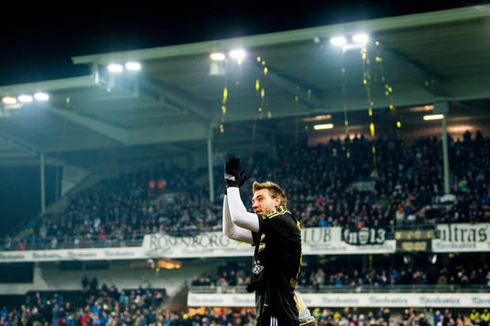 Nicklas Bendtner of Rosenborg celebrates winning the league