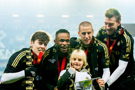 Nicklas Bendtner of Rosenborg celebrates winning the league
