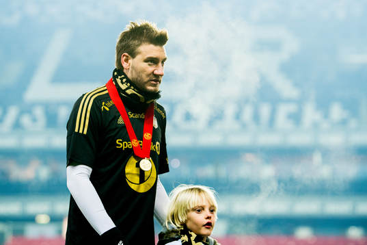 Nicklas Bendtner of Rosenborg celebrates winning the league