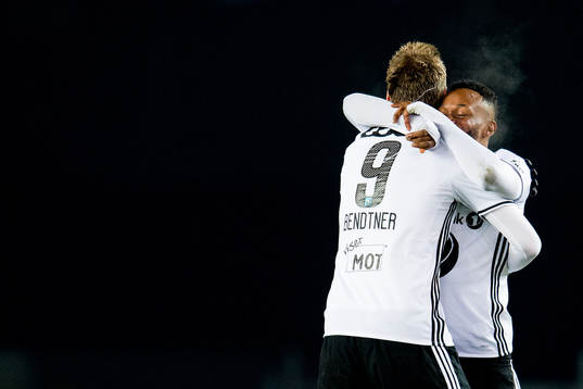 Nicklas Bendtner of Rosenborg celebrates scoring 1-0 with
