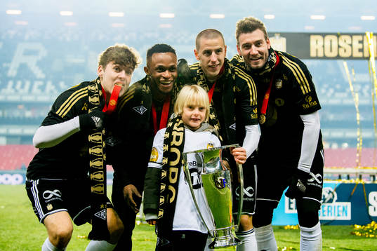 Nicklas Bendtner of Rosenborg celebrates winning the league