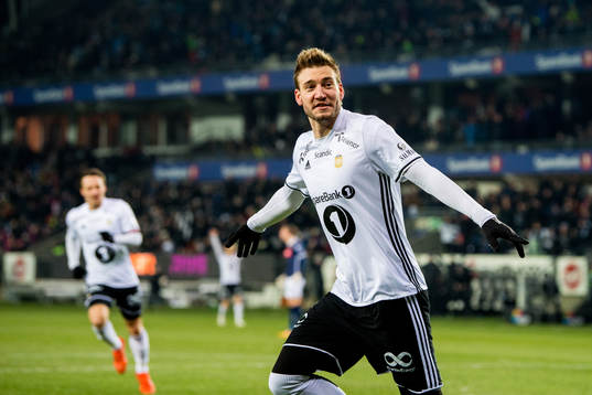 Nicklas Bendtner of Rosenborg celebrates scoring 1-0