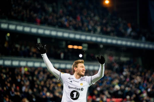 Nicklas Bendtner of Rosenborg celebrates scoring 1-0