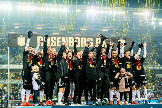 Players of Rosenborg celebrate winning the league