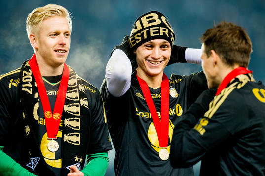 Goalkeeper Arild Østbø and Jonathan Levi of Rosenborg