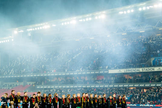 Players of Rosenborg celebrate winning the league