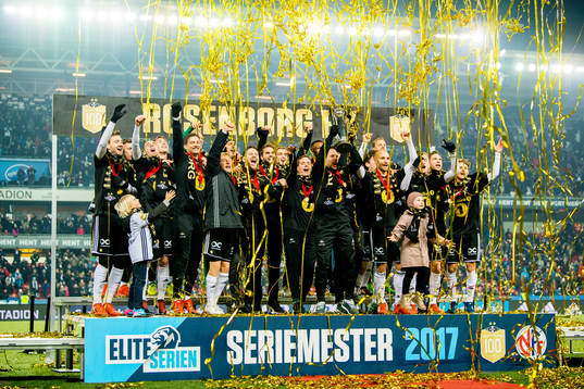 Players of Rosenborg celebrate winning the league