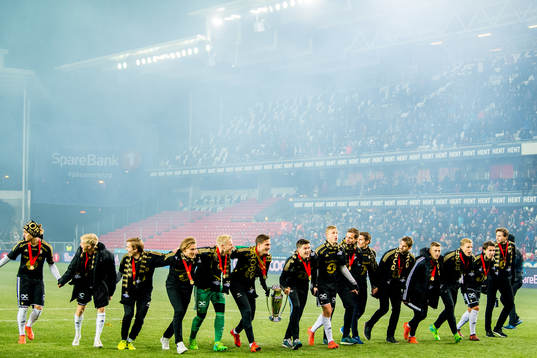 Players of Rosenborg celebrate winning the league