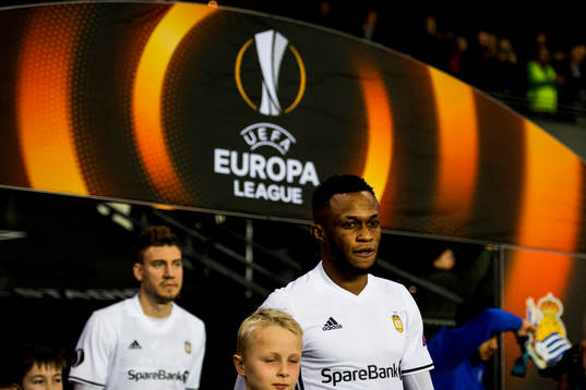 Nicklas Bendtner and Samuel Adegbenro of Rosenborg