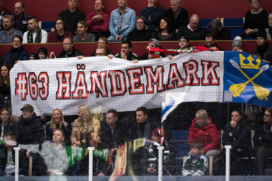 Malmö Redhawks supportrar håller upp en flagga med