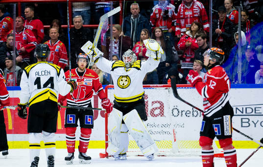Brynäs målvakt David Rautio jublar vid slutsignalen