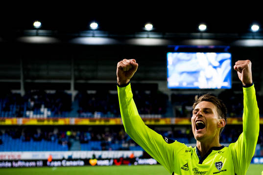 Kristoffer Zachariassen of Sarpsborg celebrates 1-0