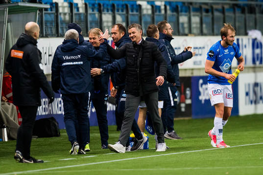 Ole Gunnar Solskjær, manager of Molde celebrates
