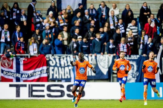 Edwin Gyasi of Aalesund celebrates scoring 2-1