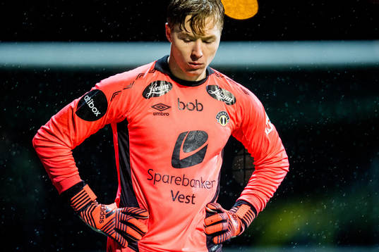 Goalkeeper Mathias Dyngeland of Sogndal looks dejected in