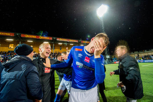 Michael Karlsen of Ranheim reacts being promoted to