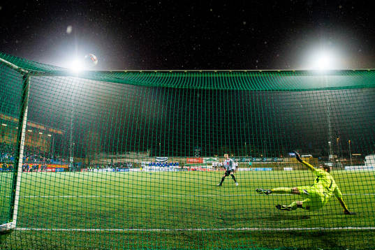 Eirik Schulze of Sogndal kicks the ball over the goal with