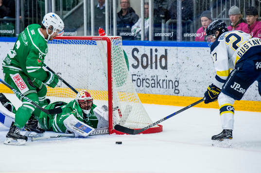 s David Gustafsson mot Rögles målvakt Justin Pogge och