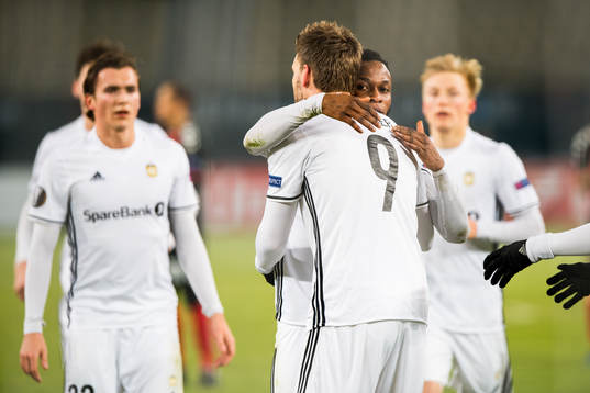 Nicklas Bendtner and Samuel Adegbenro of Rosenborg
