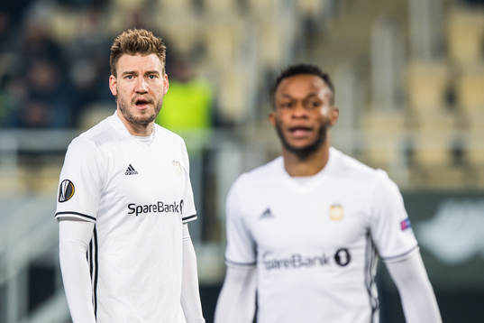 Nicklas Bendtner and Samuel Adegbenro of Rosenborg