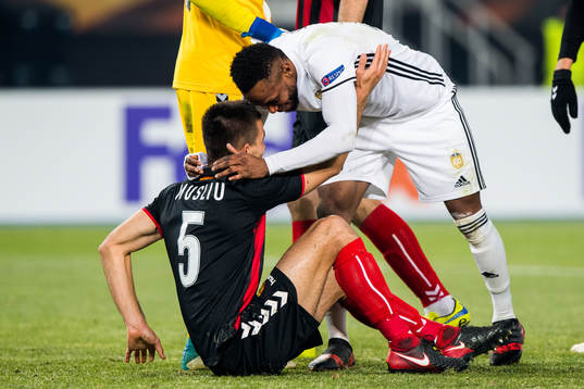 Visar Musliu of FK Vardar and Samuel Adegbenro of Rosenborg