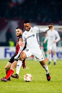 Tigran Barseghyan of FK Vardar and Samuel Adegbenro of