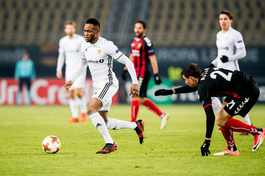 Samuel Adegbenro of Rosenborg and Ievgenii Novak of FK