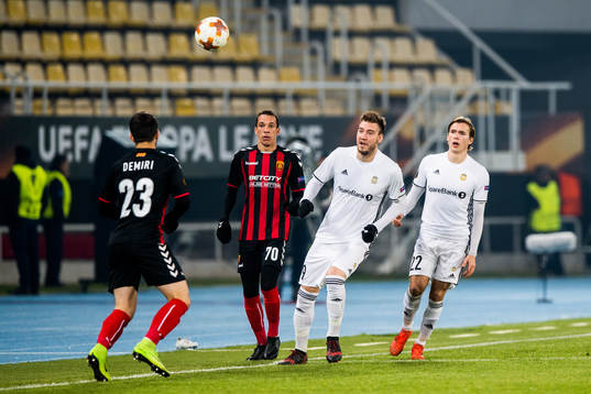 Besir Demiri and Juan Felipe of FK Vardar, and Nicklas