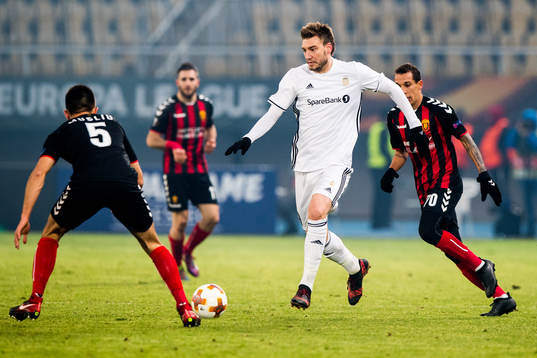 Visar Musliu of FK Vardar, Nicklas Bendtner of Rosenborg