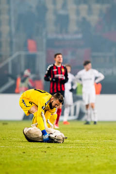 Goalkeeper Filip Gacevski of FK Vardar together with a