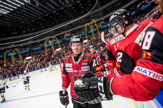Malmö Redhawks Lars Bryggman jublar med lagkamraterna