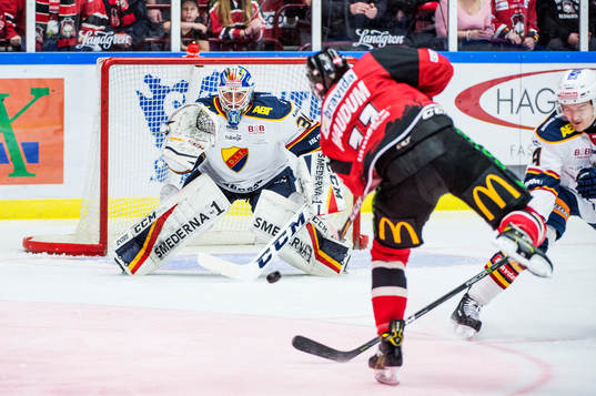 Malmö Redhawks Lukas Haudum skjuter skott på Djurgårdens