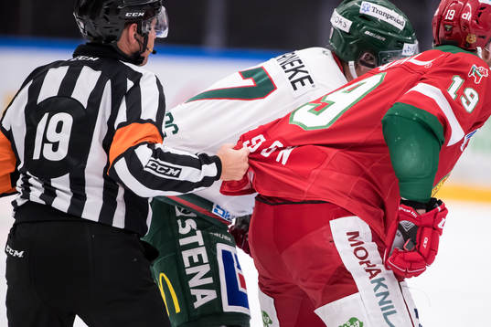 Domare Wolmer Edqvist i ishockeymatchen i SHL mellan Mora