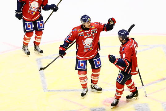 Linköpings Andrew Gordon och Derek Roy jublar