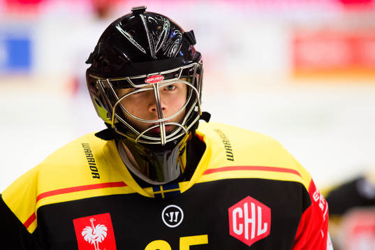 Goalkeeper Samuel Ersson of Brynäs prior the CHL game